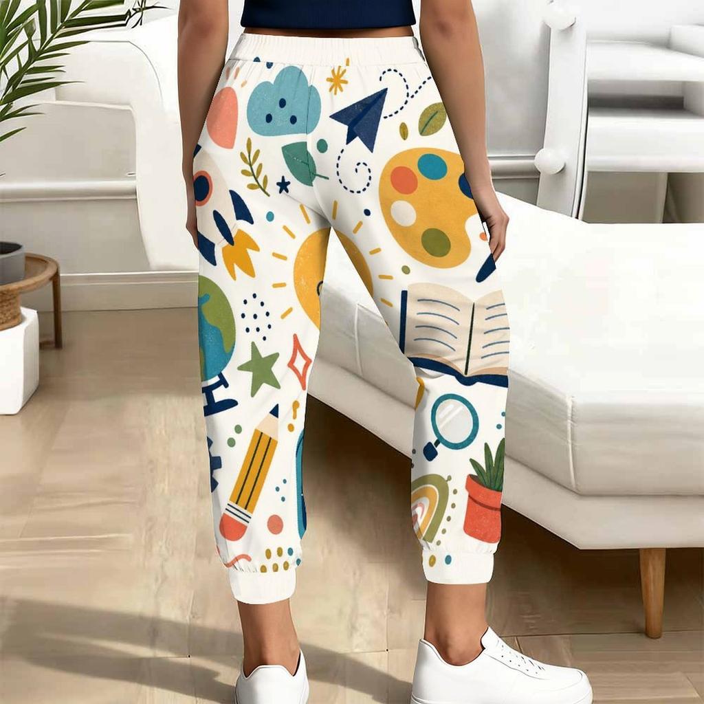 Women Plus Size Cartoon Printed Jogger Pants Drawstring Waist Side Pockets Cuffed Ankle Casual Trousers
