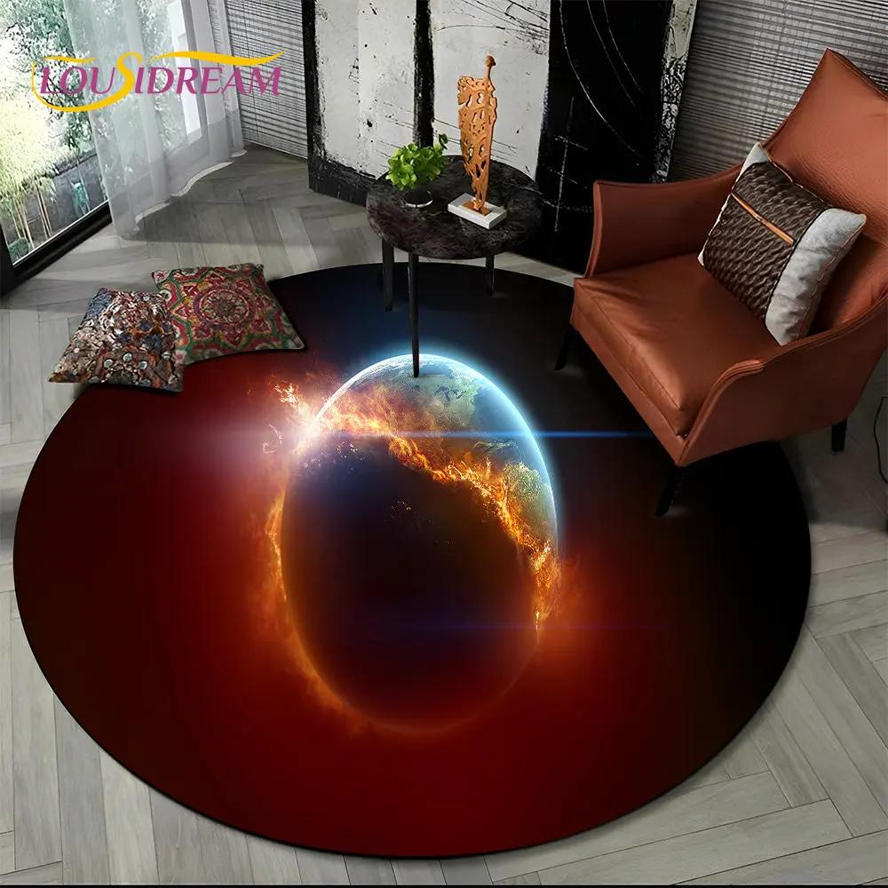 Earth Space Fixed Stars Galaxy Round Area Rug,Carpet for Living Room Children's Bedroom Sofa Playroom Decor,Non-slip Floor Mat