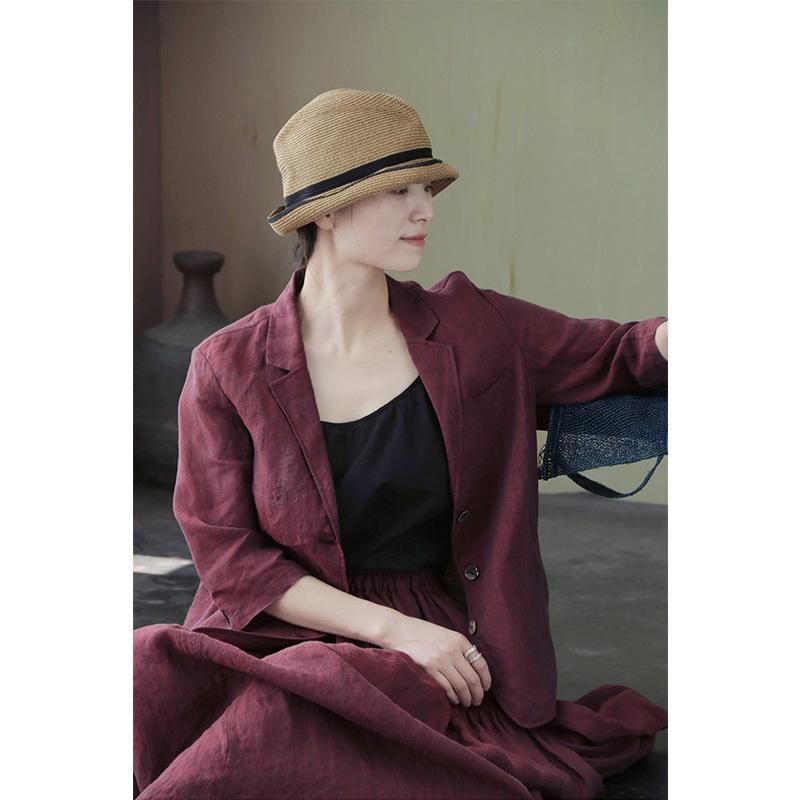 

2022 Early Autumn Retro Mottled Color Woven Linen Lightweight 3/4 Sleeve Fitted Casual Blazer. M