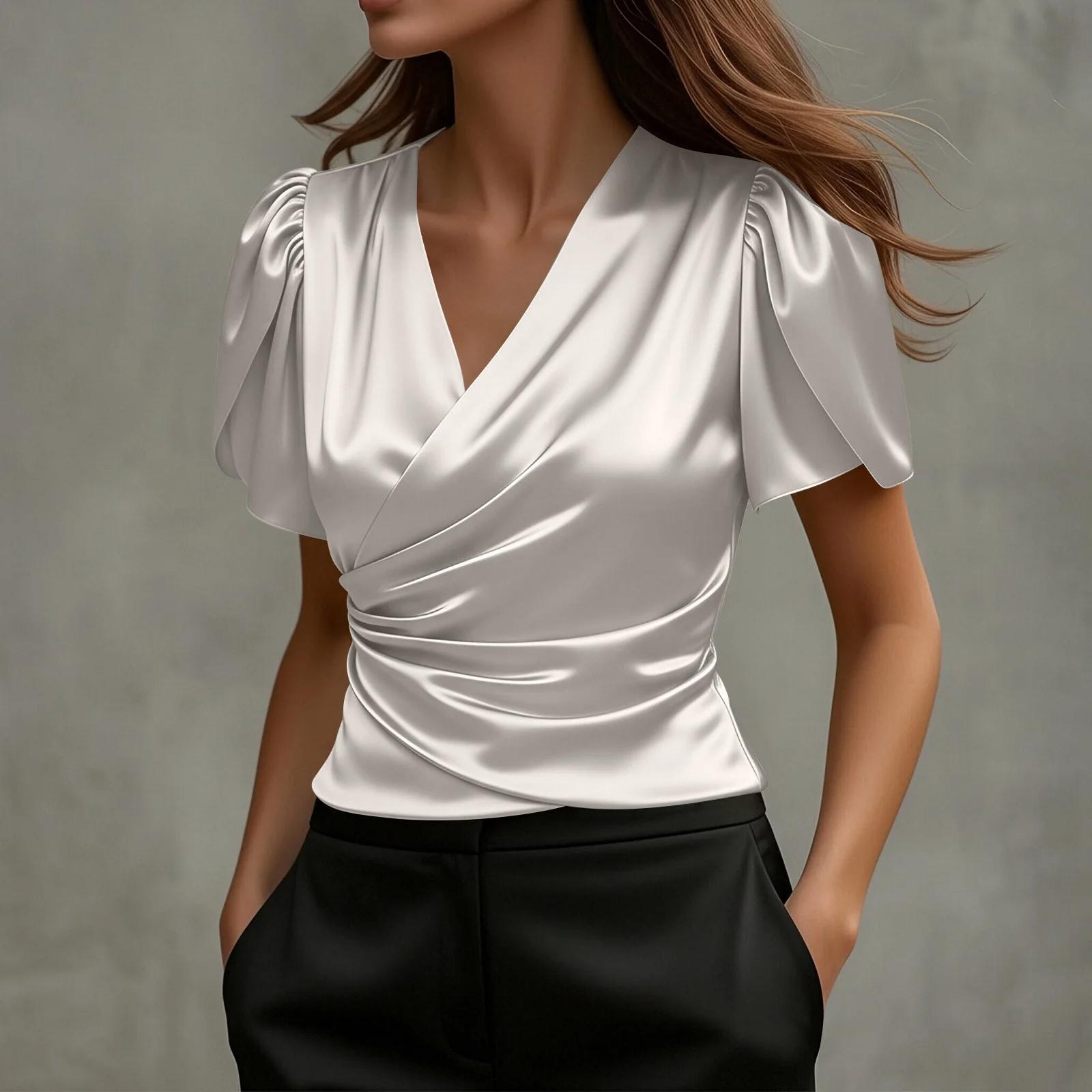 Women Fashion Cross V-neck Ruffled Short Sleeve Shirt Top XL белый