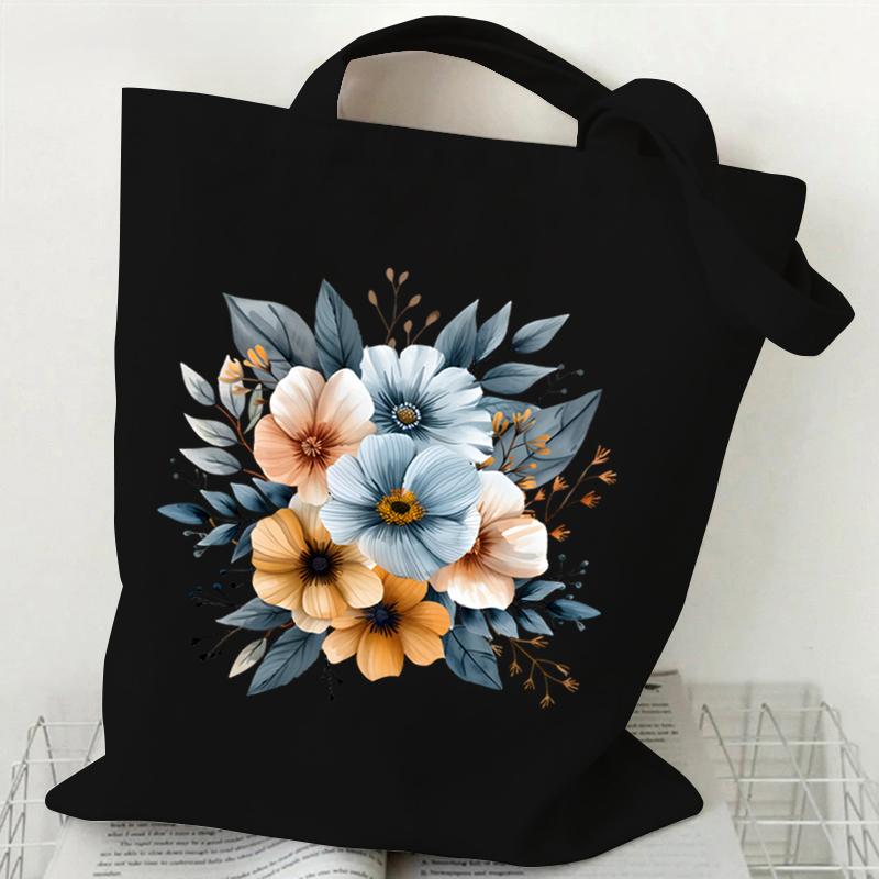 Elegant Wildflowers Aesthetic Canvas Handbag Reusable Floral Shopping Tote Bag for Women