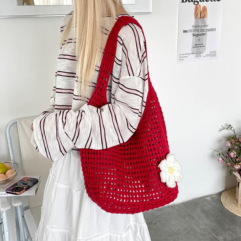 Solid Color Knitting Shoulder Bag Flower Large Capacity Bohemian Crochet Tote Bag Hollow Out Versatile Casual Woven Handbag