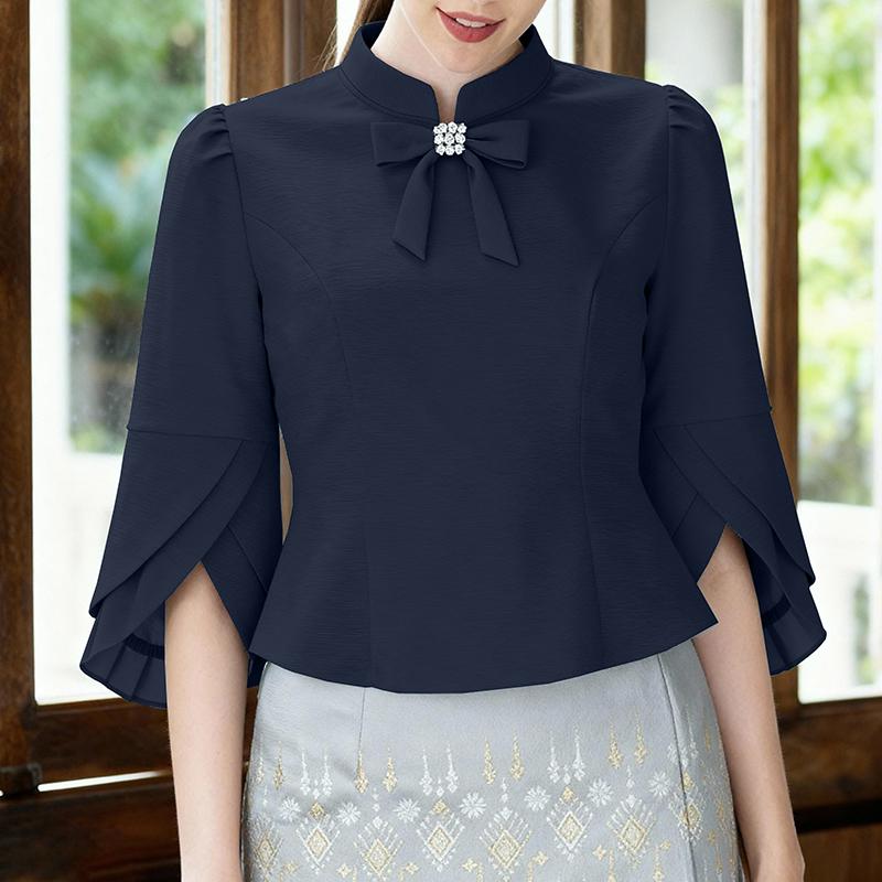 ZANZEA Women Casual Stand Collar 3/4 Sleeve Elegant Loose Blouse