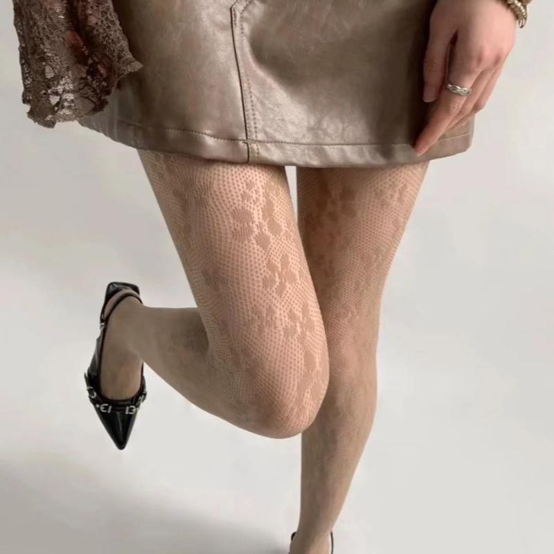 New Floral Pattern Brown Fishnet Pantyhose Women Sexy Coffee Hollow Out Mesh Tights Y2k Lolita Nylon Transparent Lace Stockings