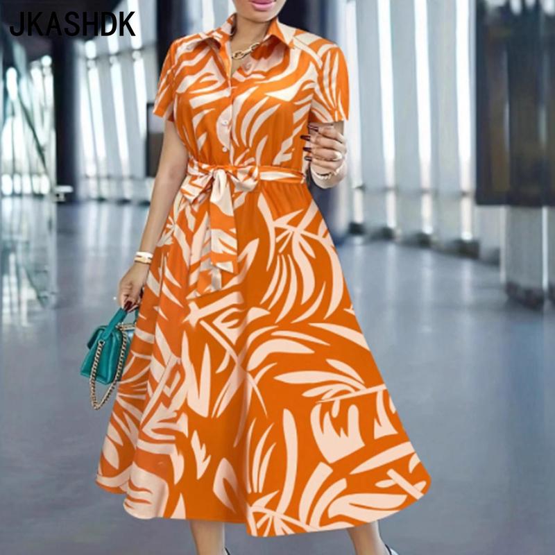 JKASHDK Women's Fashion Summer Spring Colour Block Print Short Sleeve POLO Neck High Waist Casual Dresses