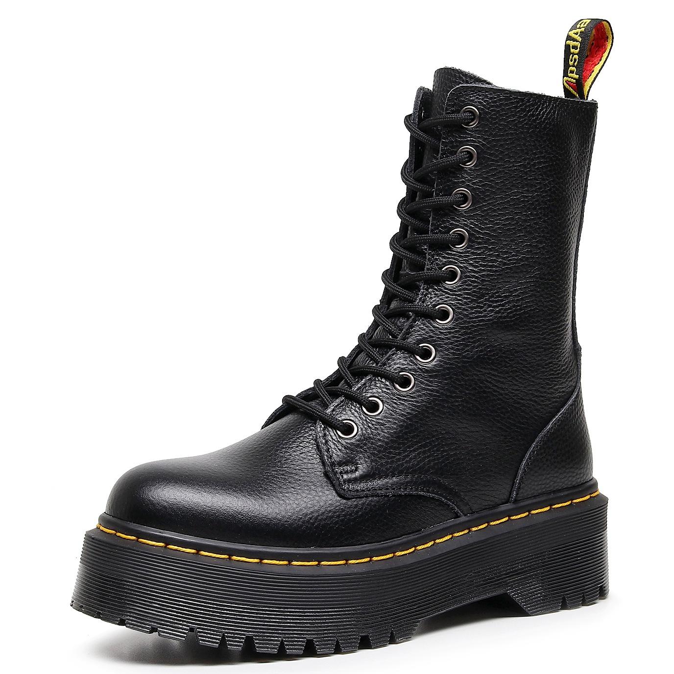 Litchi pattern European and American thick-soled 10-hole locomotive boots women's 1490 side zipper British long boots muffin lace-up tooling boots cm