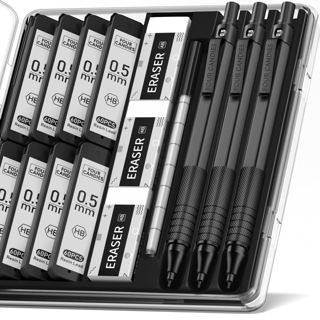 Four Candies Metal Mechanical Pencil Set with 480pcs HB Stationery Set with for Black 0.5mm Case, 3pcs, Leads, Eraser, Engineering, Art, Writing,