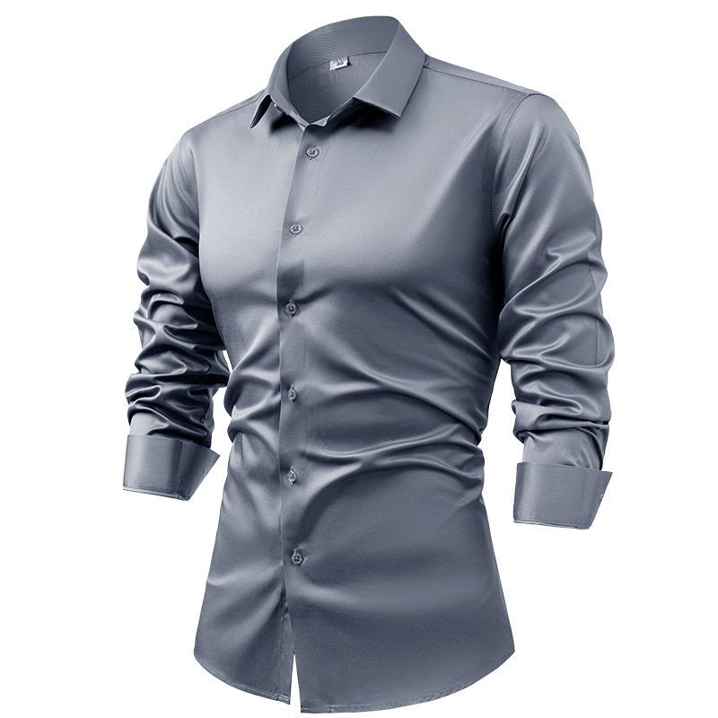 Men's Silk Satin Long Sleeve Button-Up Dress Shirt, Non-Iron Wrinkle-Resistant Business Casual Formal Top