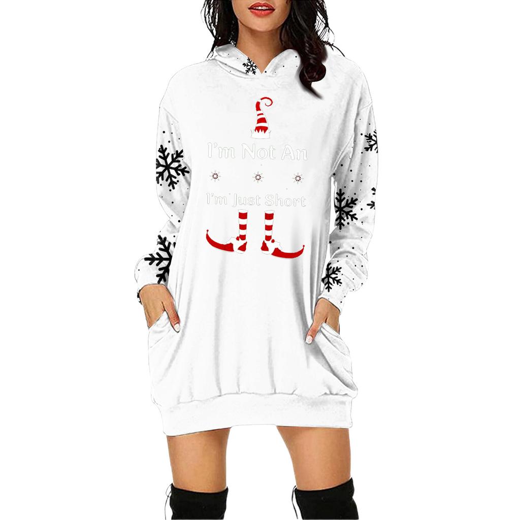 Women's Christmas Print Long-Sleeved Hooded Pocket Pullover Dress