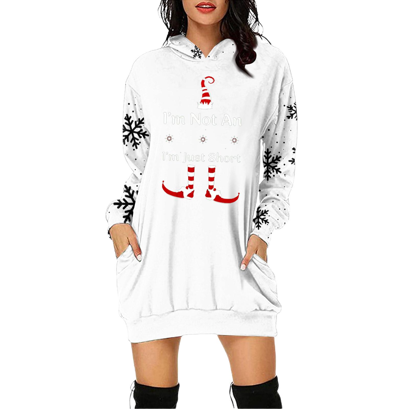 

Women s Christmas Print Long-Sleeved Hooded Pocket Pullover Dress XL белый