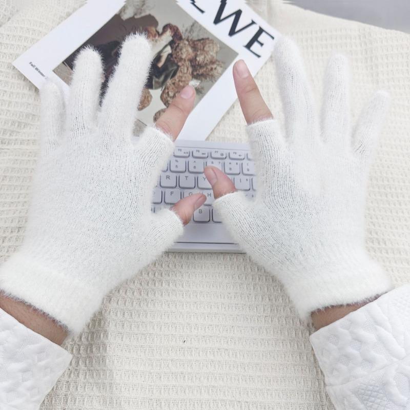 Winter Two-finger Half-dew Finger Ten-needle Jacquard Plush Warm Knitting Thickened Student Model Winter Two-half-finger Hand