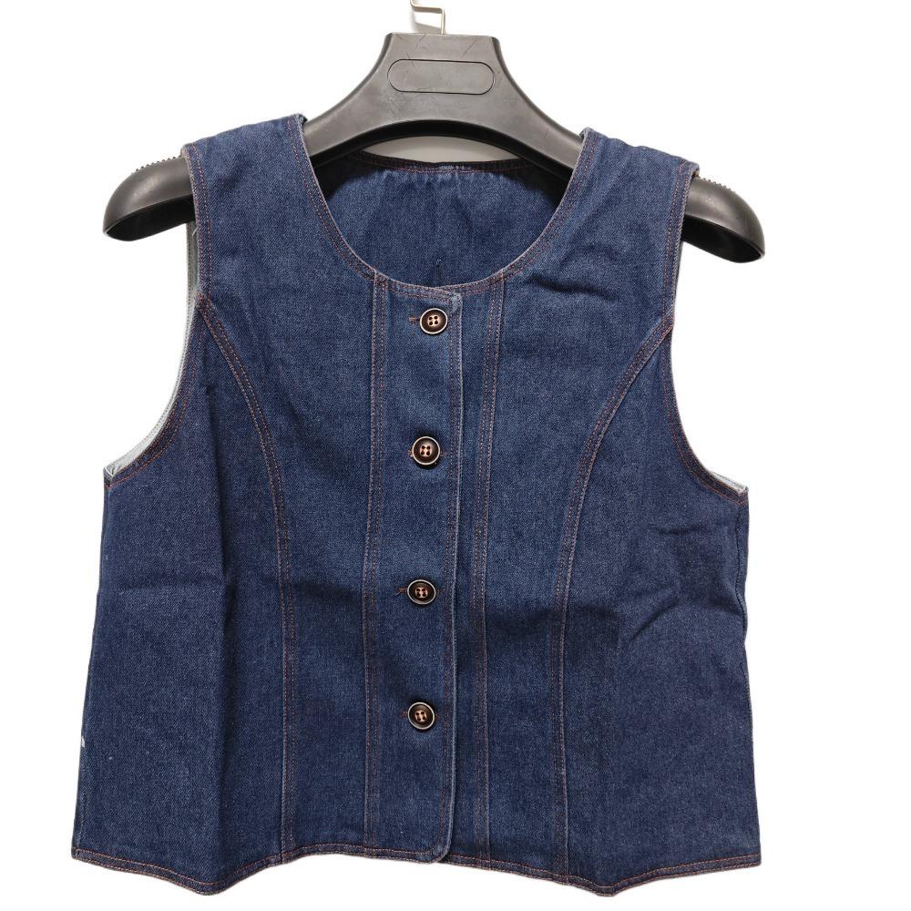 All Match Vintage Denim Vests Blue Cropped Sleeveless Jacket Simple Button-up Short Coats  Ladies