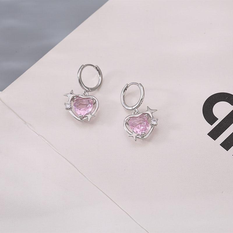 ANENJERY Korean Pink Heart Pendant Earrings Fashion Shiny Circle Earrings Couple Jewelry Gift Wholesale