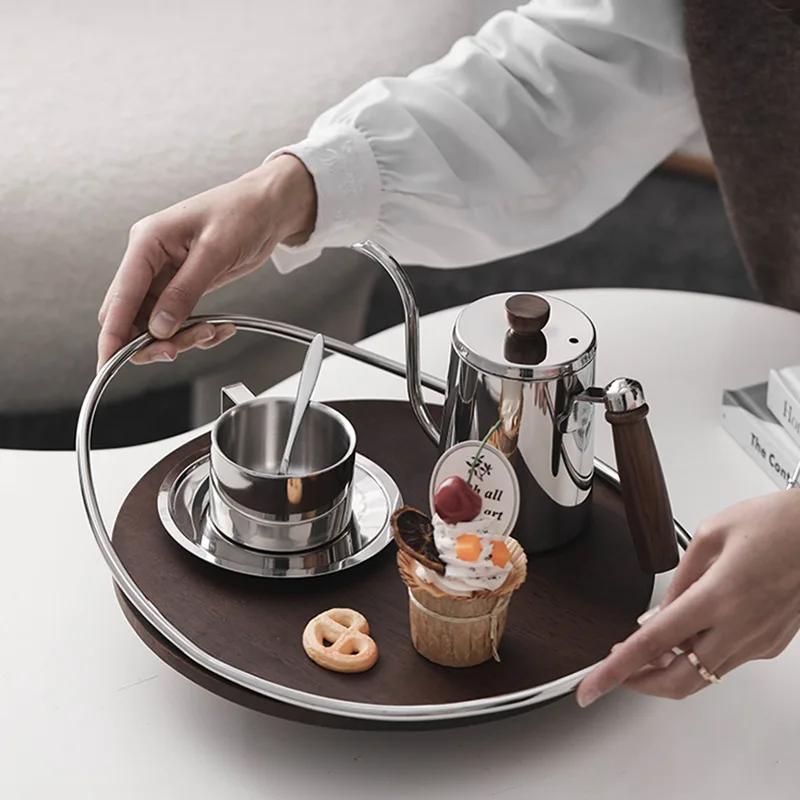 Stainless Steel Mirror Tray, Walnut Oval Handle Storage Tray, Luxurious Metal Aromatherapy, Cosmetics, Storage Decorative Panel