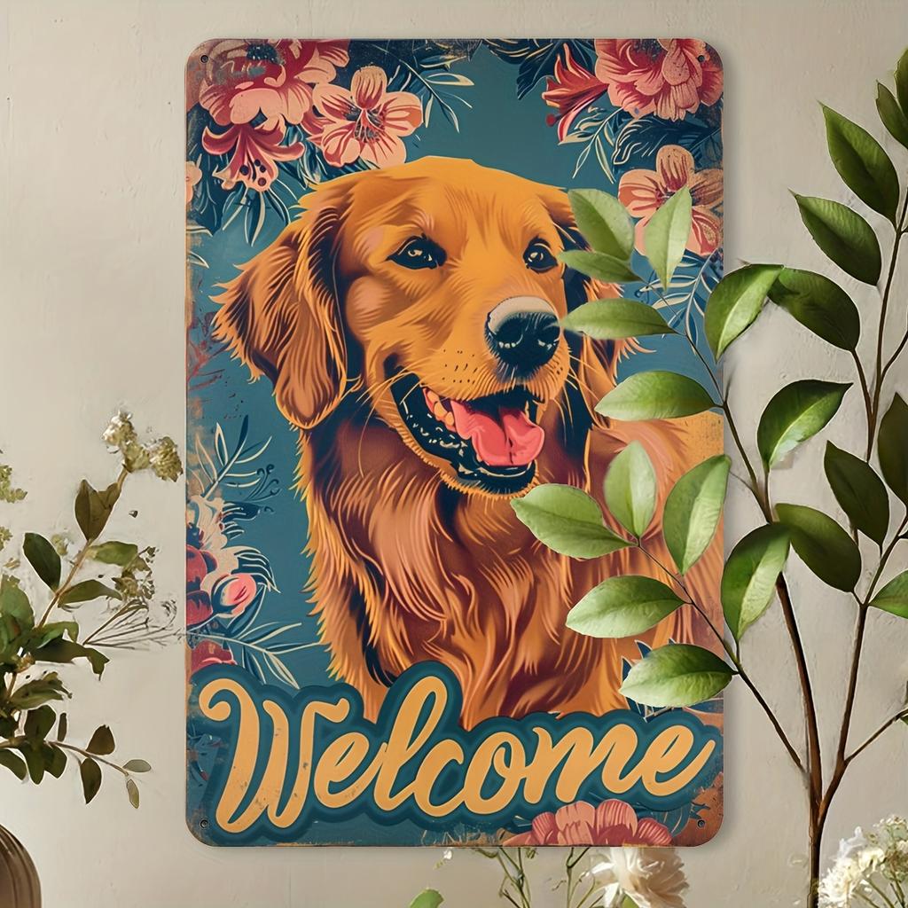 1pc Vintage Golden Retriever Dog Welcome Sign, Iron Metal Tin Wall Art, Floral Background, Home & Garden Decor, Cafe Bright Warm