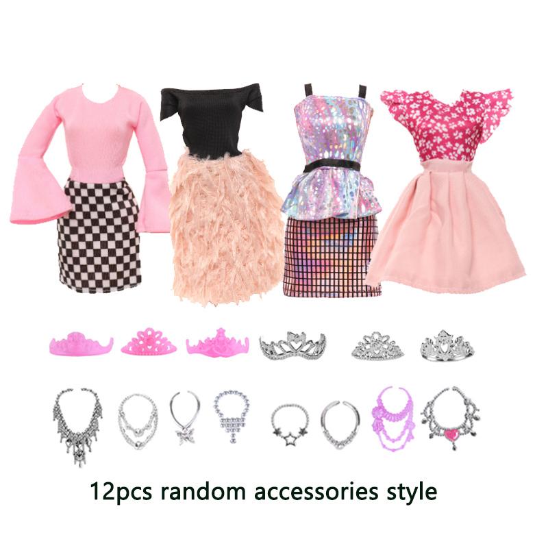 16pcs Set 30cm Doll Clothes And Accessories Include 4 Fashion Dresses 6 Crown 6 Necklace for Barbie Toys for Girls, Dressing Up