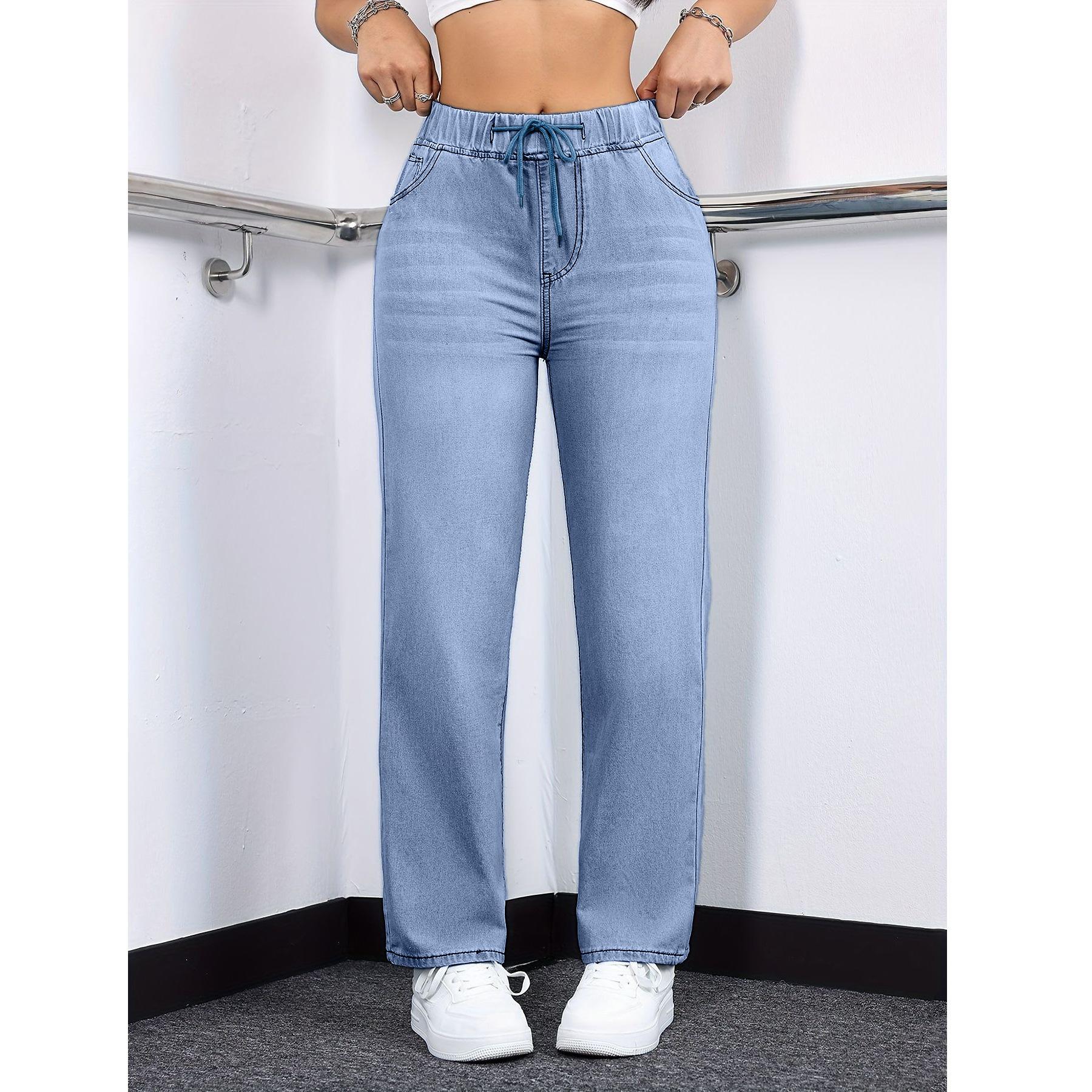 

Cross Drawstring Blue Elastic Waist Casual Stretch Jeans 4XL