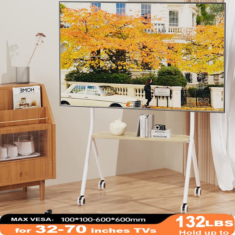 BEISHI Mobile Rolling TV Stand with Wood Shelf, Easy-to-Assemble Roller TV Cart for 32-60 inches TVs for Living Room Outdoor