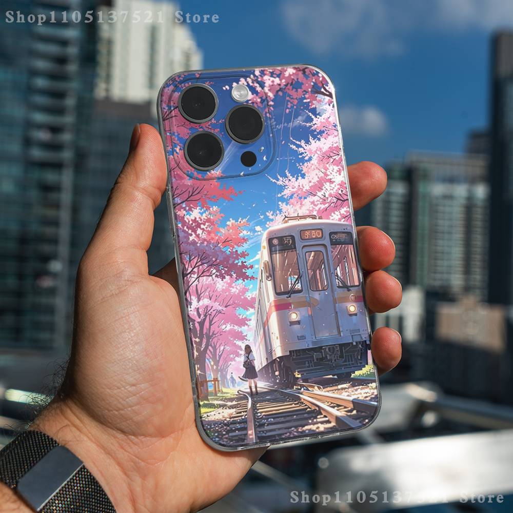 Coque de téléphone Train Fleur de Cerisier Art pour iPhone 17,16,15,14,13,12,11 Pro,Max,Plus,XR,Mini,E Transparente Couverture Complète Souple