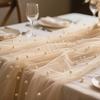 Faux Pearl Gauze Table Runner Boho Sheer Tulle Fabric Table Runner for Wedding Bridal Shower Birthday Party Dining Table Decor