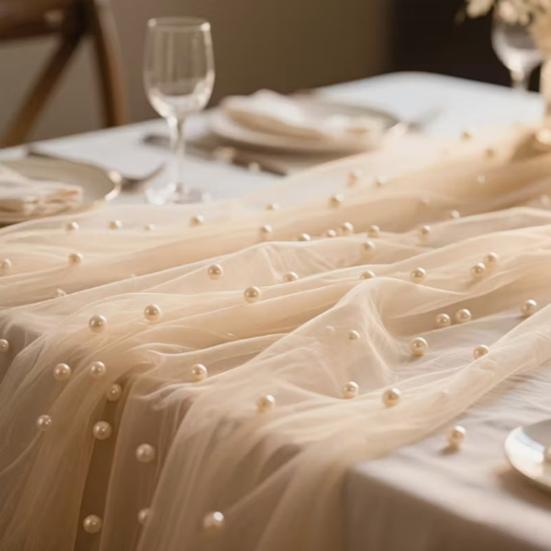 Faux Pearl Gauze Table Runner Boho Sheer Tulle Fabric Table Runner for Wedding Bridal Shower Birthday Party Dining Table Decor