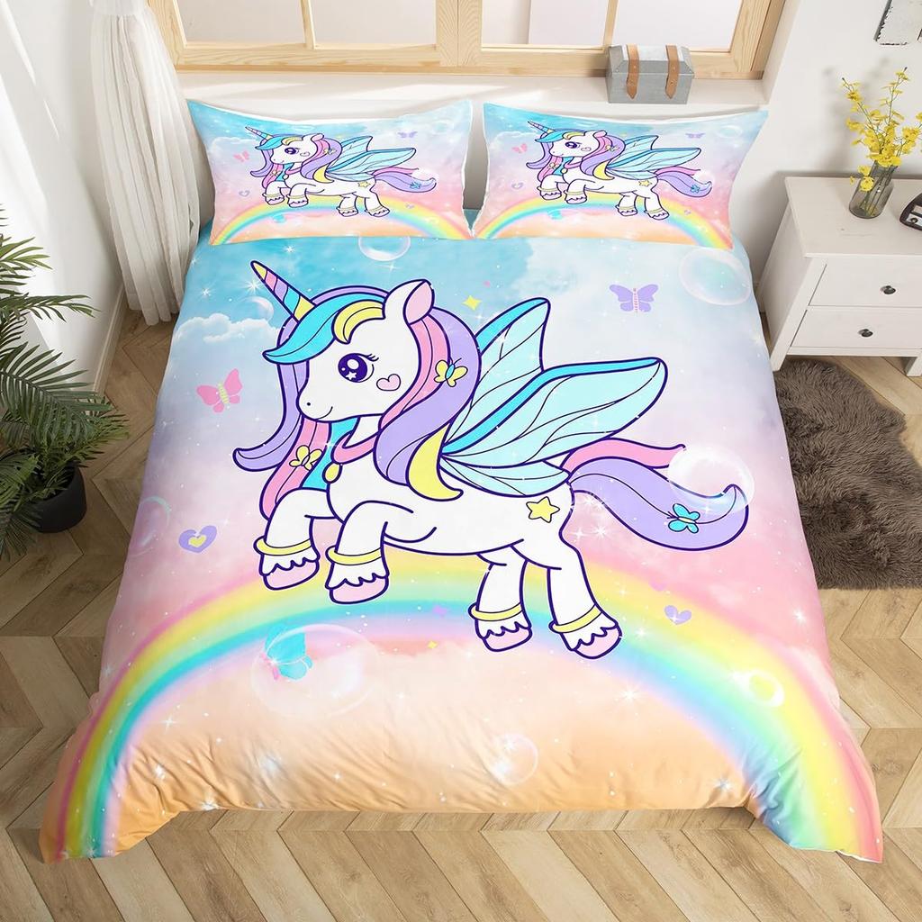 Einhorn Bettwäsche Set Kinder Lila Weltraum Galaxie Weiche Bettbezug Mikrofaser Bequeme Bettdecke Abdeckung Mädchenhaft Karton Warme Deckenbezug plus 2