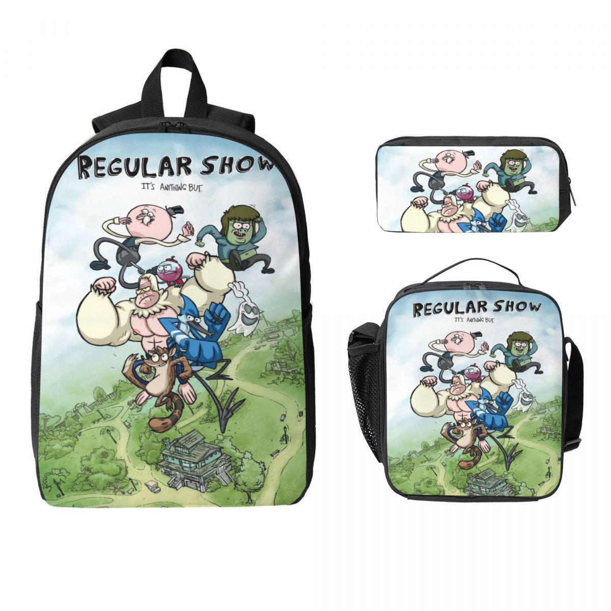 Ensemble de 3 sacs à dos avec impressions Mordecai et les Rigbys pour enfants, trousses à crayons, ensembles de cartables avec boîte à lunch pour la journée d'école black