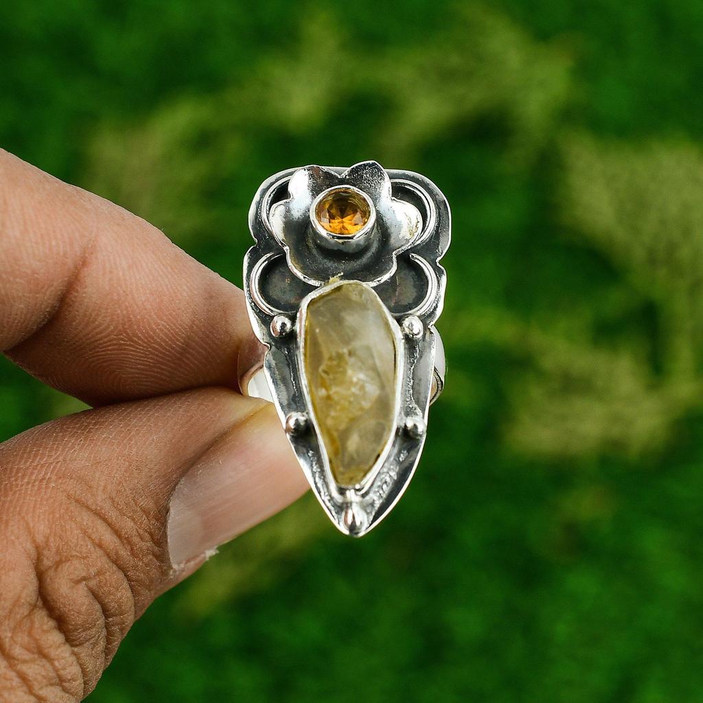 Natural Citrine Rough Stackable Flower Ring Size 6.75 925 Silver For Women
