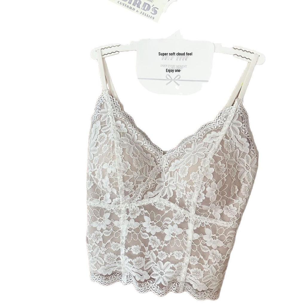 French Lace V-Neck Seamless Camisole with Fixed Cups and Thin Straps