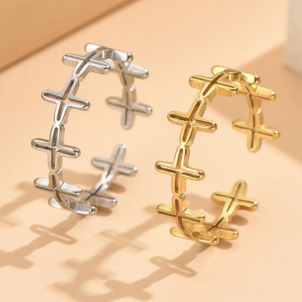 Retro Hollow Adjustable Cross Ring in Gold-Plated Stainless Steel