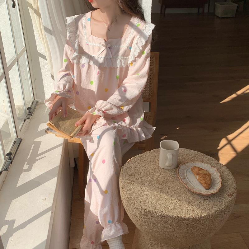 

[D] Spring and Autumn new sweet and fresh cloud cotton square collar bow pajamas women s loungewear set M