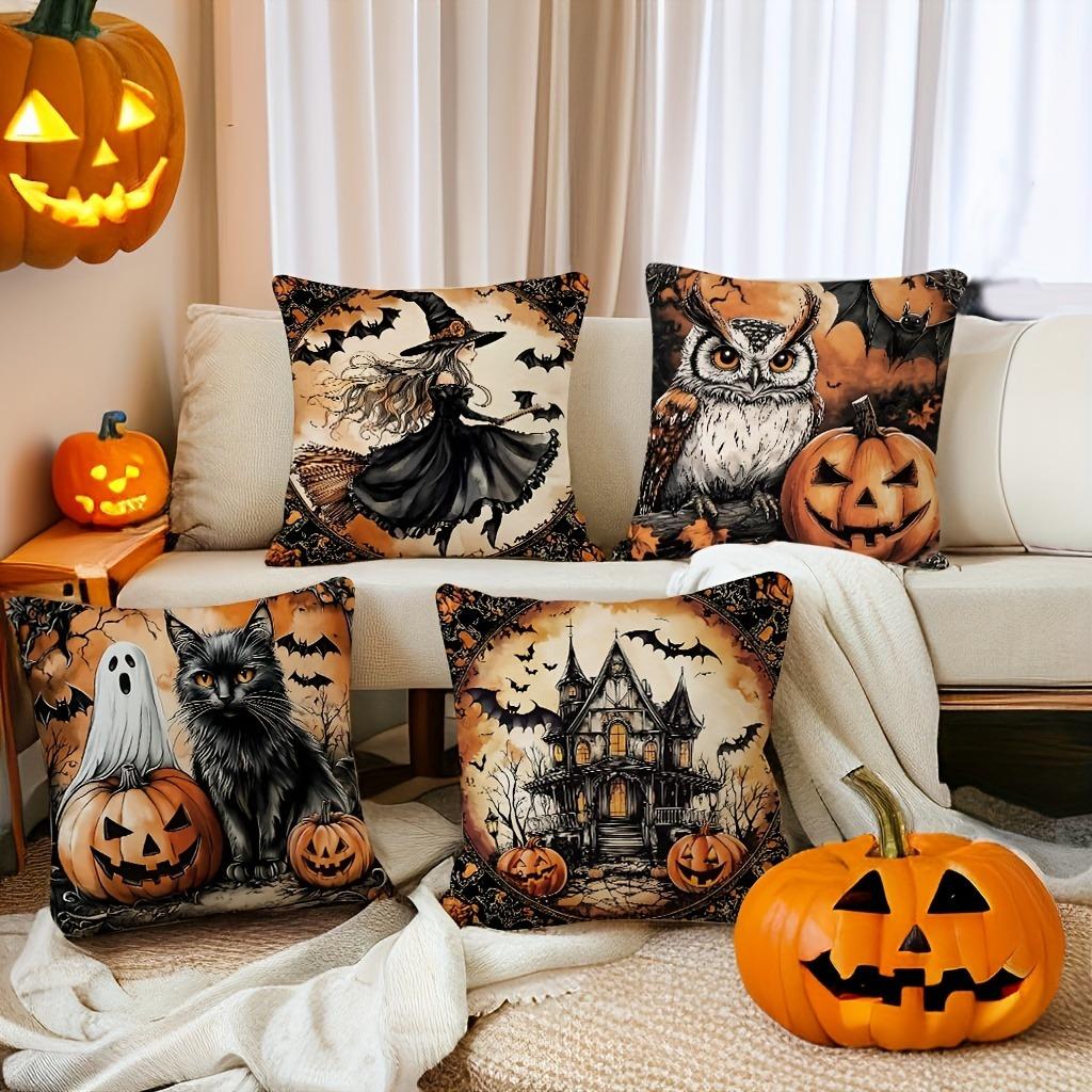 Spooky Halloween Pillowcases: Witch, Owl, Cat & Haunted House Designs! Sofa Cushion Cover Holiday Party Decoration Gift