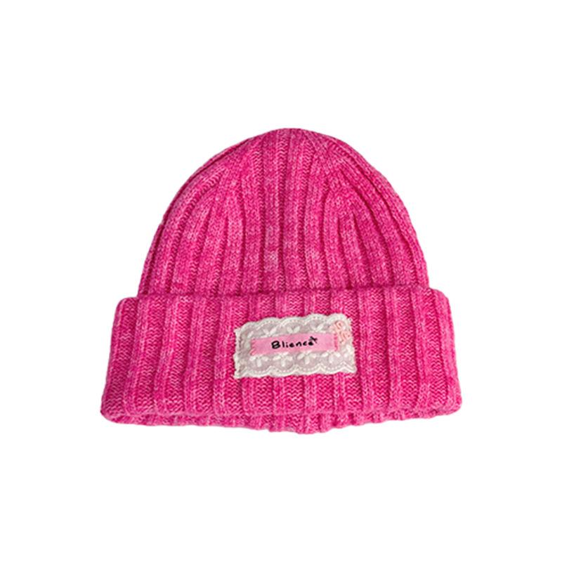 Children's Knitted Hat Lace Cloth Label English Embroidery Wool Beanie Autumn and Winter Warm Thickened Baby Ear Protection Hat