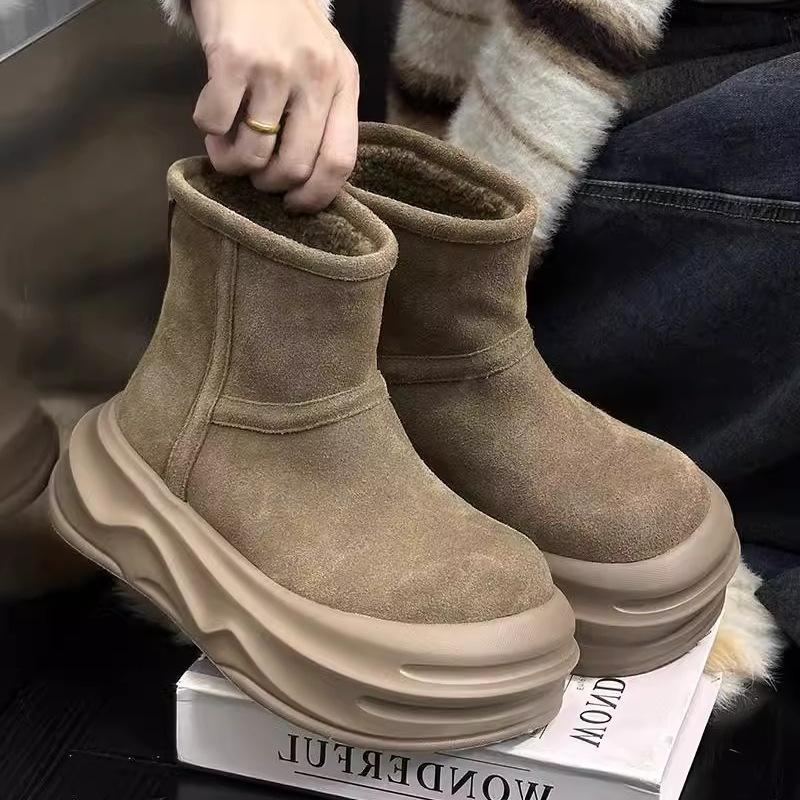 Soft Leather Version~ 2025 Winter New Ugly Cute Big Head Velvet Thickened Muffin Thick Bottom Heightening Snow Boots Women's Short Boots