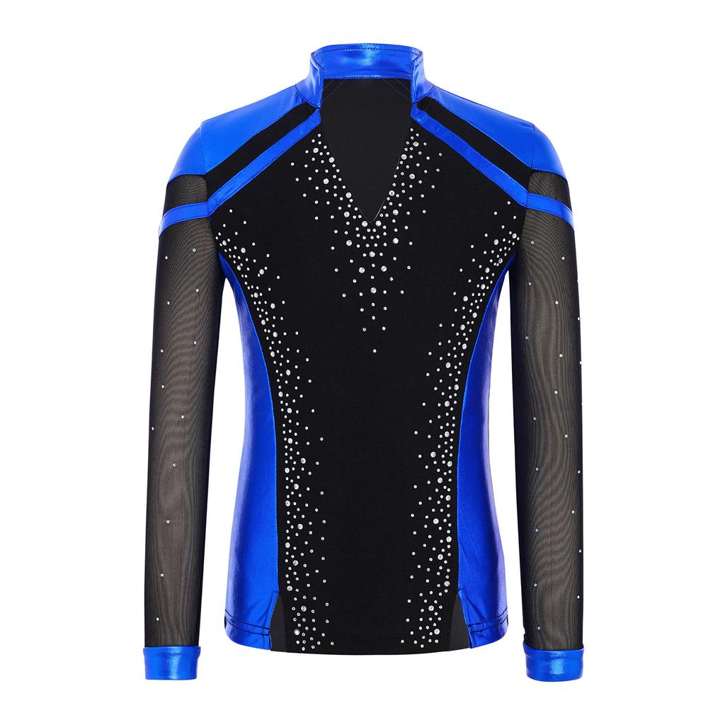 Boys V Neck Long Sleeve Shiny Metallic Color Block Figure Skating Top