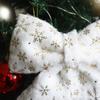 Christmas Tree Topper Bow White Furry with Gold Snowflake Print Hanging Ornaments Festive Xmas Tree Decor for Home & Party Gift