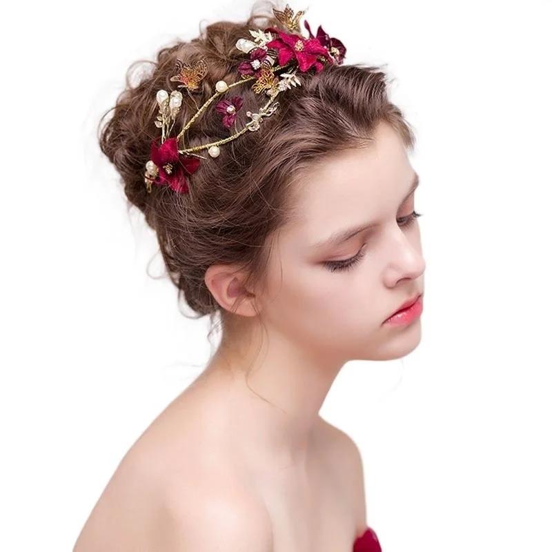 Rote Blume Kopfschmuck Brautschmuck Gold Hohlkopf Hochzeit Haarschmuck für Frauen