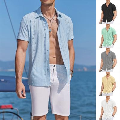 Men's Solid Color Hollow Breathable Short-sleeved Shirt Lapel Button Leisure Business Shirt Summer Hawaiian Striped Shirt