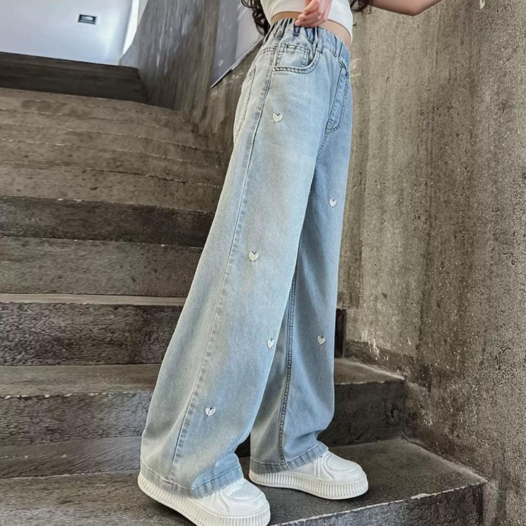 Summer Spring Girls Middle School Fashion Loose Solid Color Small Love Jeans Casual Pants Wide Leg Pants 4-10 Years Old