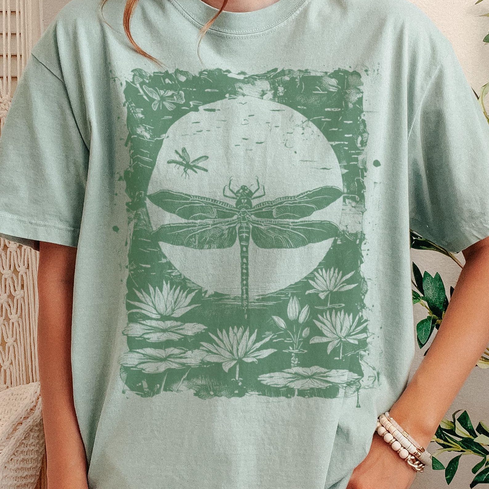 Dragonfly Water Lily Summers Eve Boho Festival Nature Theme T-Shirt Unisex Graphic Tee 120