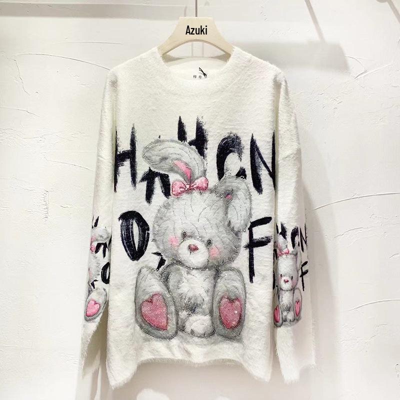 2023 Autumn/Winter Women's Hooded Loose Sweater with Cartoon Rabbit and Rhinestone Design