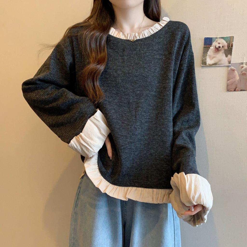 Lazy Style Rüschen Patchwork T-Shirts Frühling Herbst Neue Langarm Kontrast Lose Casual Tops Vintage Trend Frauen Kleidung