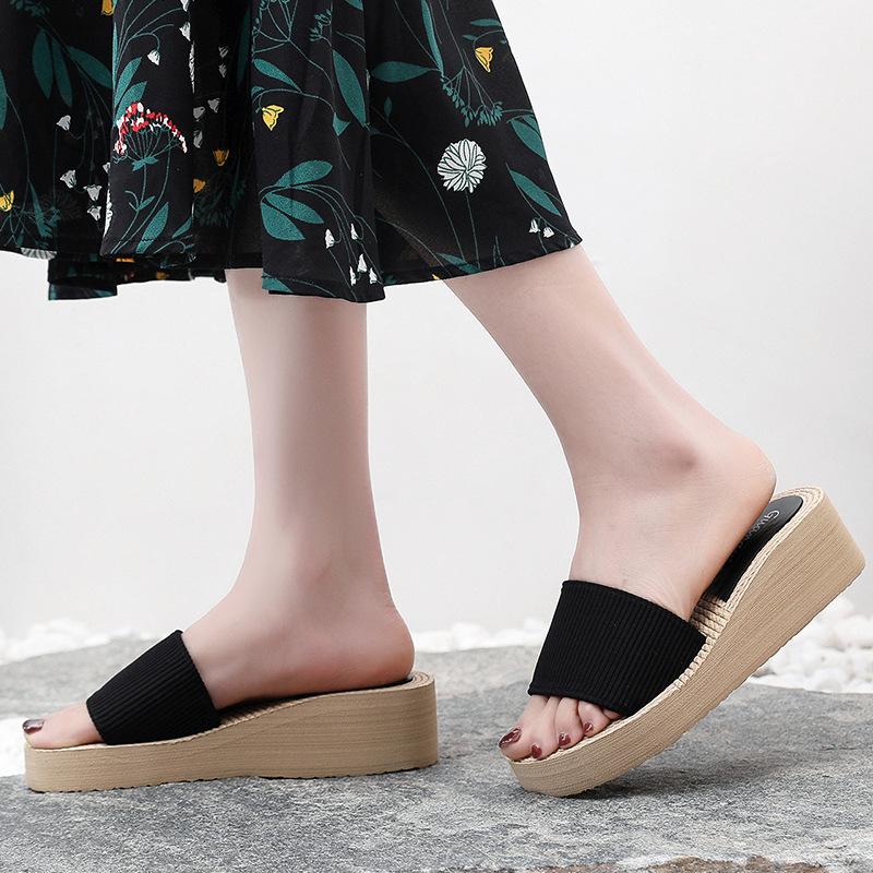 Summer New Elastic Band Slippers for Women Simple Solid Color Slope Heel Sandals Thick Bottom Fashionable Casual EVA Shoes