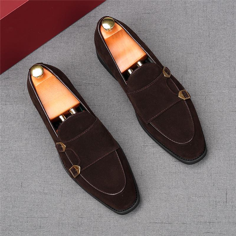 Fashion Fashion New Men's Pointed Toe Suede Leather Flats Shoes Male Designer Monk Strap Loafter Homecoming Wedding Dress Footwear