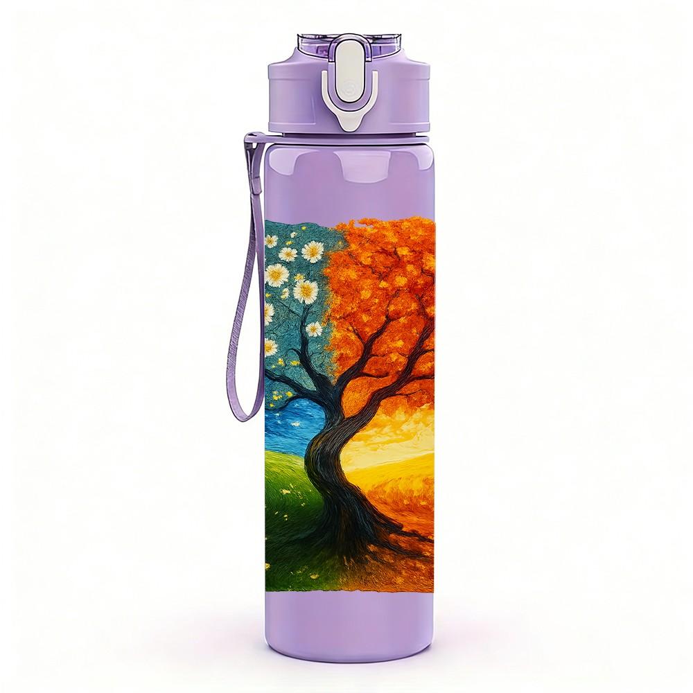 1PC Autumn Tree Split Color Watercolor 750ml Color Plastic Sports Water Bottle Leakproof Flip Straw Lid Suitable for Sports Office Home Use