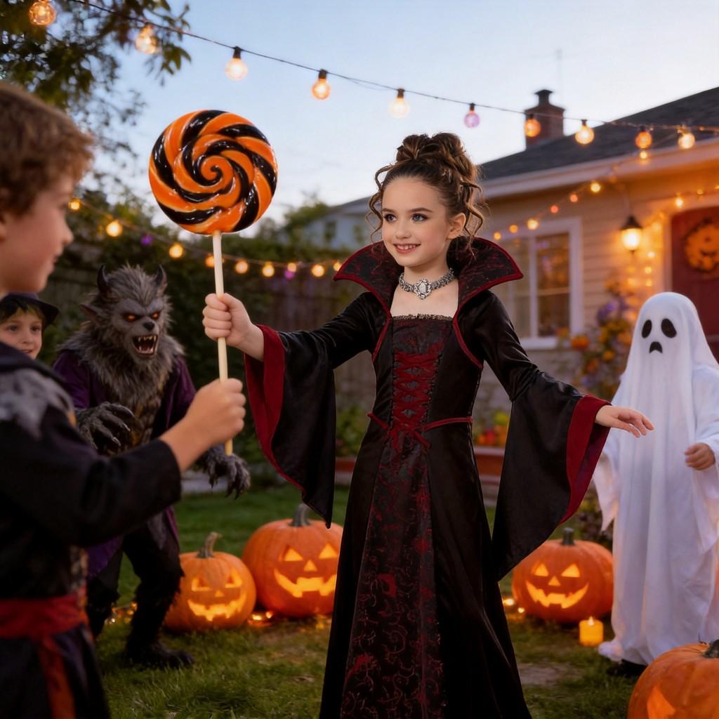 Halloween Witch Costume For Girls With Vintage Dress And Stripe Details For Kids Age 3 To 8