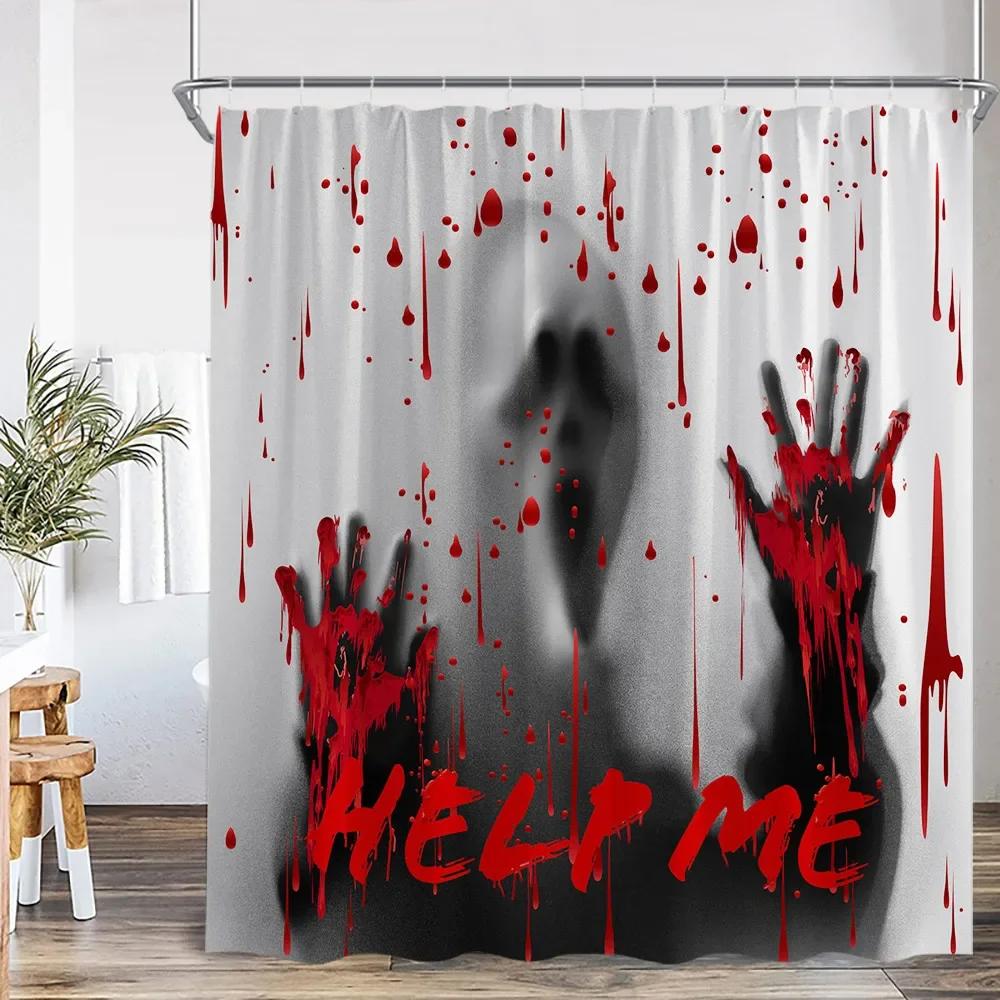 Bloody Handprints Halloween Blood Drops Help Me Shower Curtain Horror Bathroom Decoration Shower Curtain