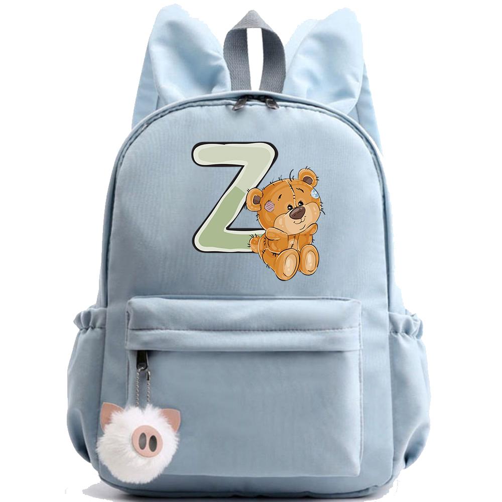 Little Bear 26 English Letters Backpack Printed School Bag for Teenager Kid Boy Girl Student Cartoon Bookbag Outdoor Rucksack