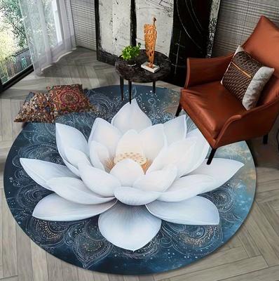 Dream White Lotus Print Pattern Circular Carpet Cushion Yoga Meditation Living Room Decoration Carpet Holiday Party Decoration