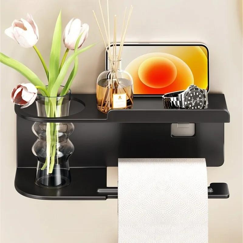 Punch-Free Adhesive Toilet Paper Holder Wall Mount - Space-Saving Bathroom Tissue Roll Rack with Storage Shelf Installation